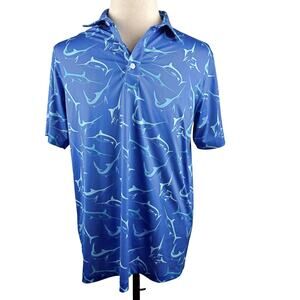 Waggle Blue Marlin Swordfish Fish Performance Golf Polo Shirt Mens L Wicking